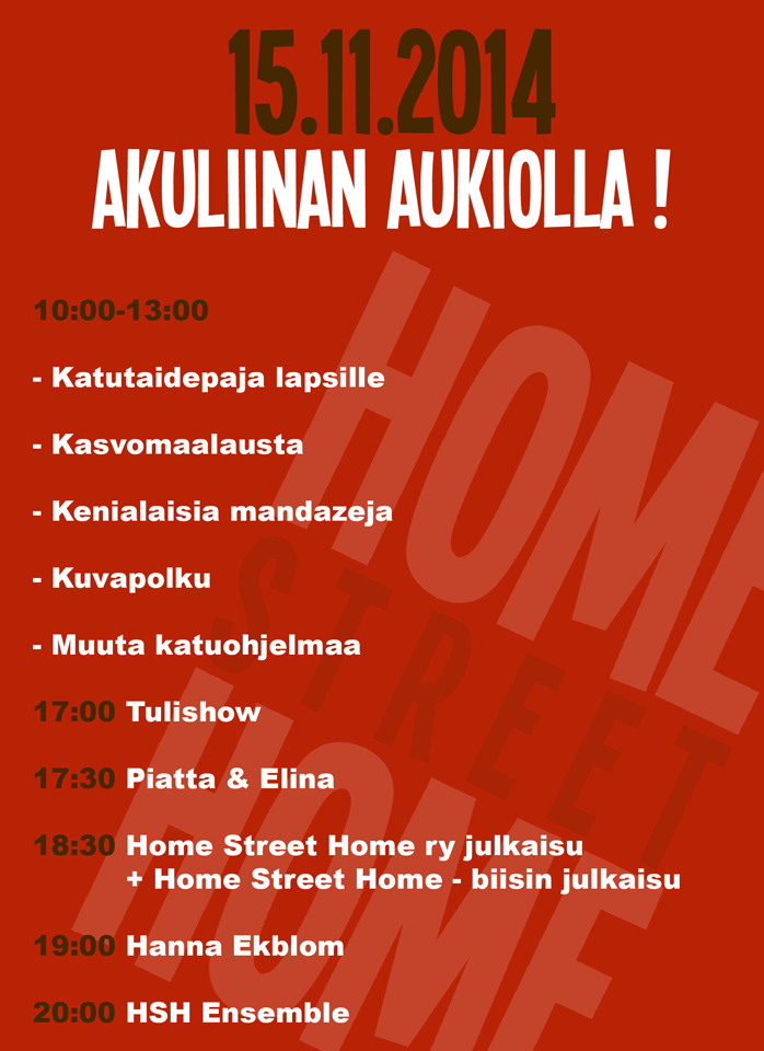 Ensi lauantaina 15.11 Akuliinassa vietetään Home Street Home julkaisupäivää! Tervetuloa! #homestreethome