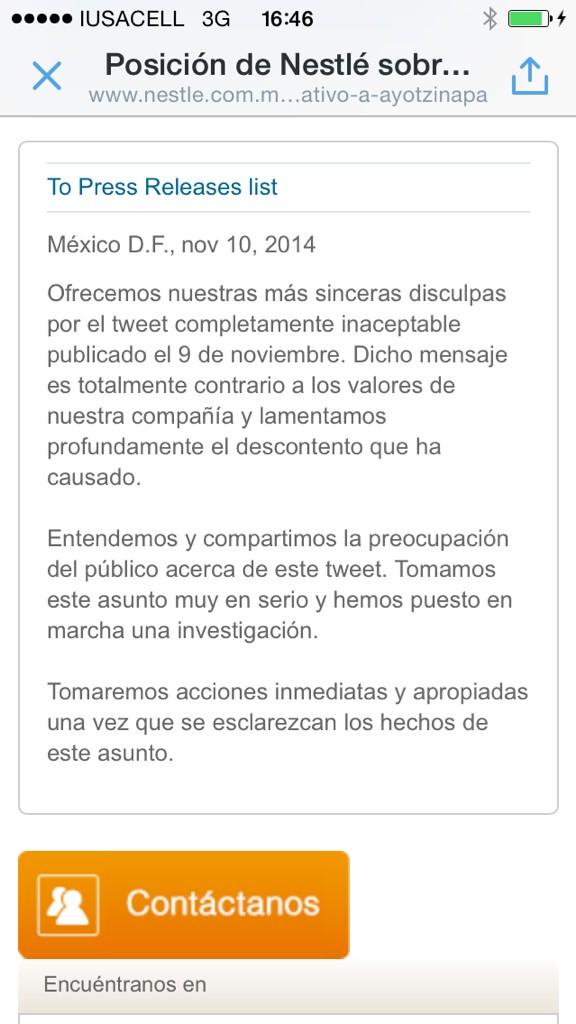 sylsaenz's tweet photo. Comunicado de Nestlé por tuitt de #CrunchMx http://t.co/NzqZSLlHBU