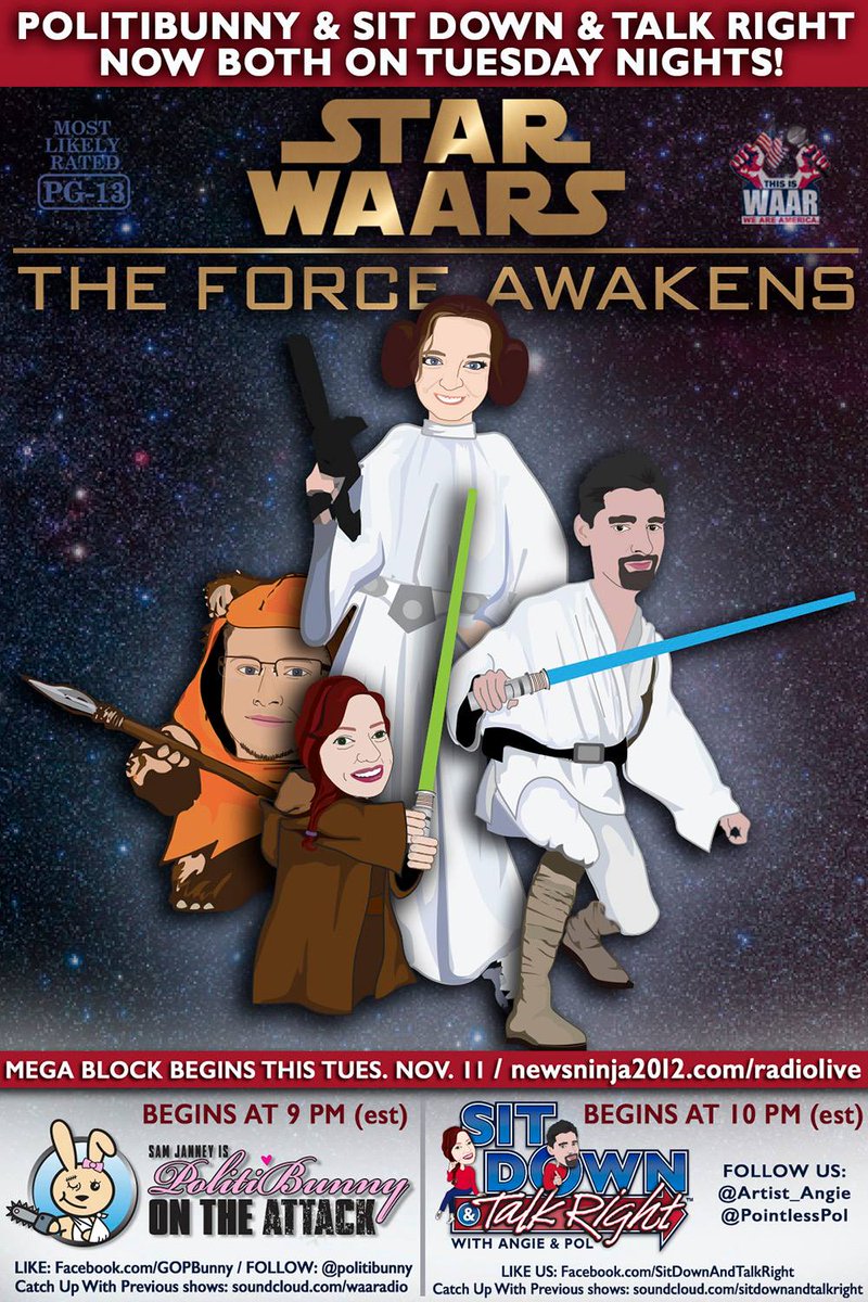 PolitiBunny's tweet photo. Tuesday night... #StarWAARS Listen to moi at 9pm EDT then stick around for #SDATR w/@PointlessPol and @Artist_Angie http://t.co/gAfBW80l1D