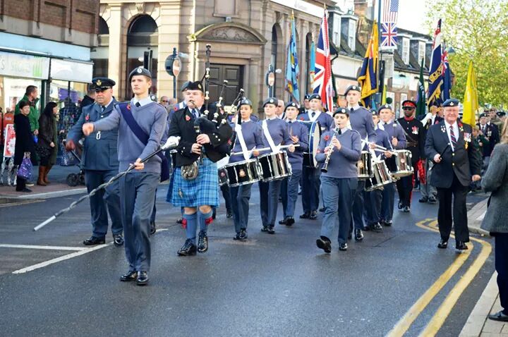 2500StNeotsATC's tweet photo. 2500 Sqn lead St.Neots on Rememberance Sunday, playing for two churches, Polish war graves and an SOE airfield. http://t.co/VJIiwbosfk