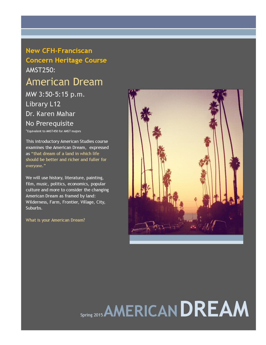 SienaAmstud's tweet photo. NEW!! #AMST250: American Dream (CFH), replaces AMST450: novels, songs, letters, ads, films, dance, blogs, no prereqs. http://t.co/lq8rvQjMSu