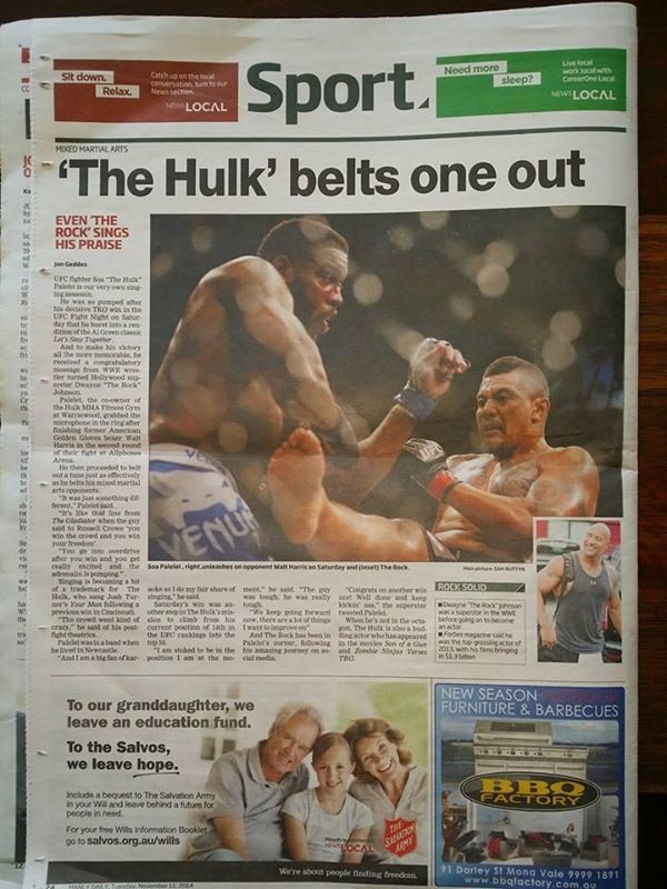 soathehulk's tweet photo. Soa "The Hulk" in Sydney News Paper #UFCFightNight55 #Blessed http://t.co/Y7wLOhPzDg
