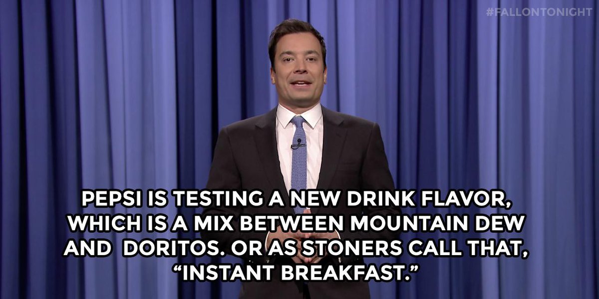 FallonTonight's tweet photo. “Pepsi is testing a new drink flavor that's a mix between Mountain Dew and Doritos…” #fallonmono http://t.co/jyj3qawz1s