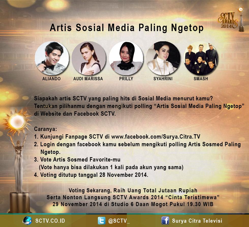Siapa “Artis Sosmed Paling Ngetop” tahun ini? 

Voting sekarang di facebook.com/Surya.Citra.TV  

#SCTVAwards 2014