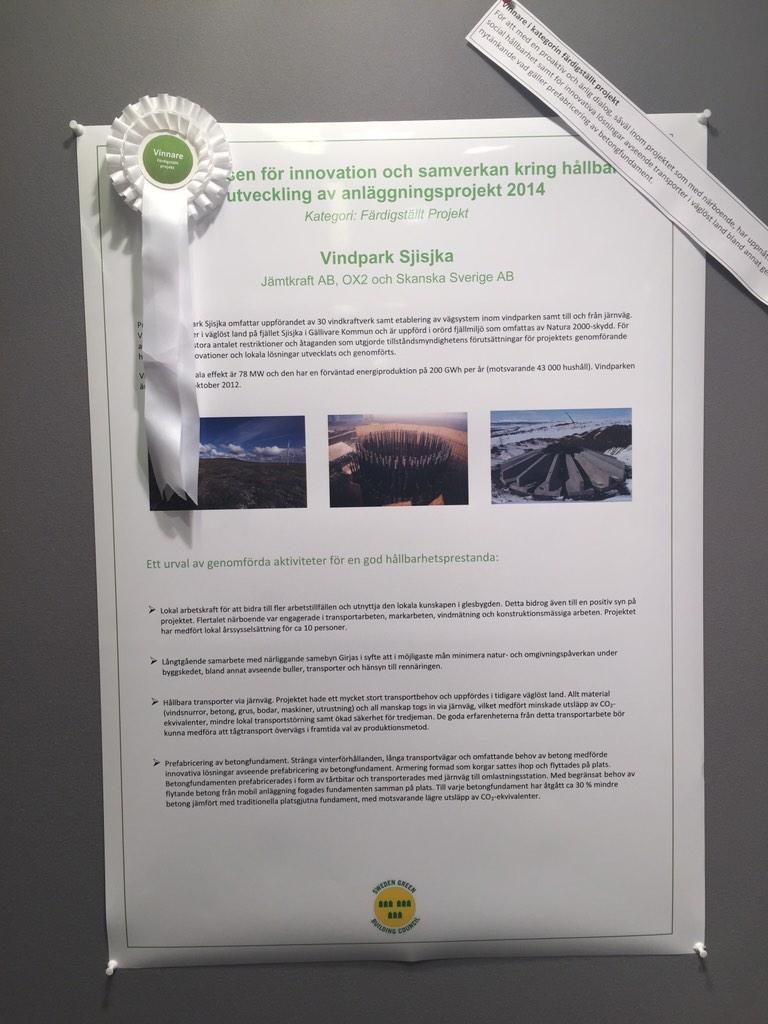 AbserSofie's tweet photo. HCA Branschsamarbetet för hållbara anläggningsprojekt gratulerar Vindpark Sjisjka för utmärkelsen.  #bssgbc14 http://t.co/A1nTnG1xd8