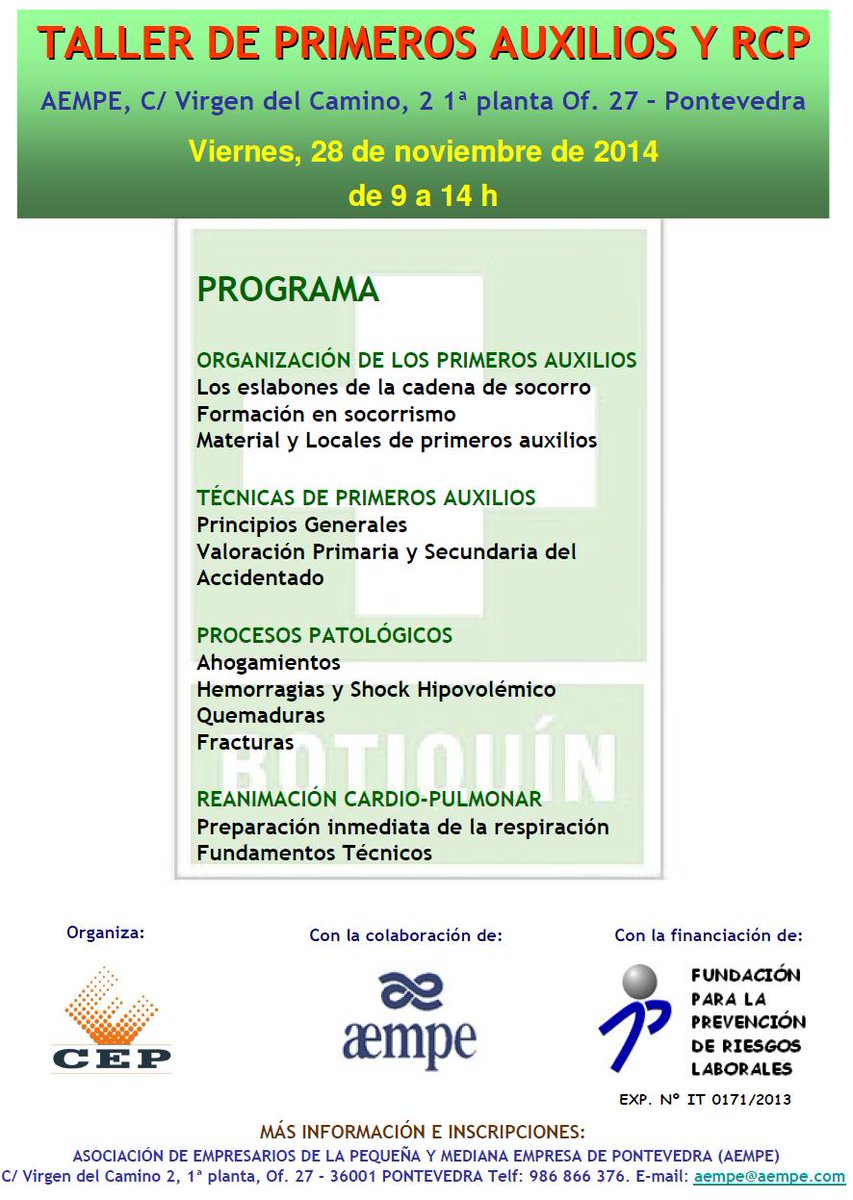 Taller Gratuito de Primeros Auxilios en <a href="/aempepontevedra/">aempe</a> 28 de noviembre. 9 a 14 hrs. No te lo pierdas. Inscribete!