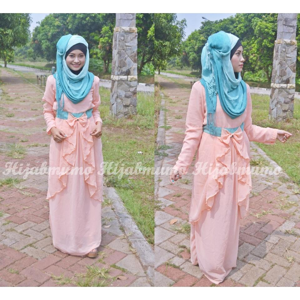 hijabmumo's tweet photo. Ribbon dress, 125rb. Chiffon. Fit L/pj.136cm. Soft peach. Sms/wa 085694057464 http://t.co/0ghYbx16dE