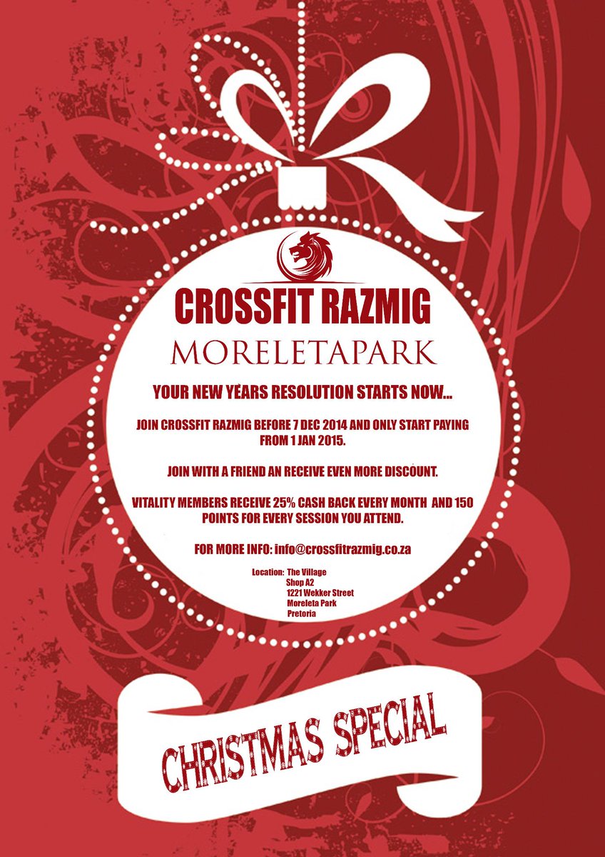 Join CFR b4 7Dec'14 &amp; only start paying from 1Jan'15. Contact us for more info at info@crossfitrazmig.co.za