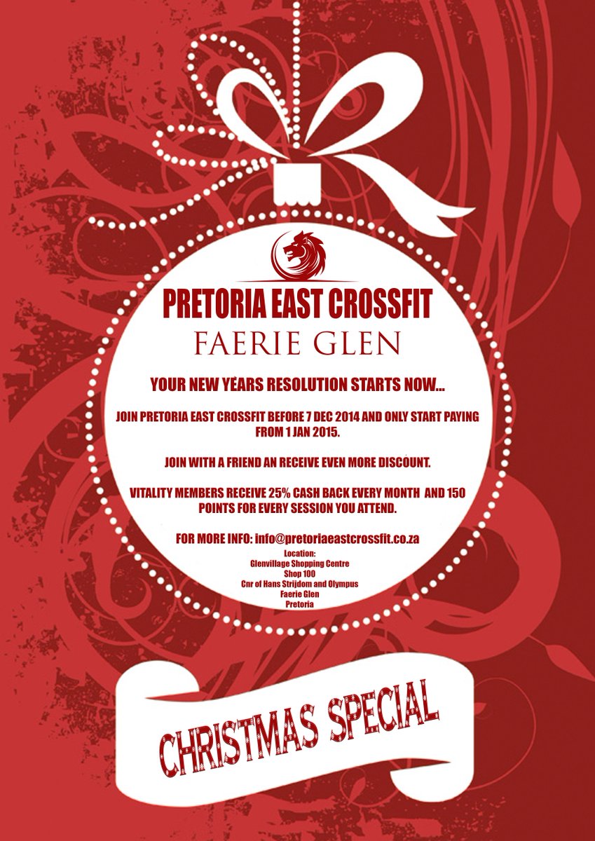 Join CFR b4 7Dec'14 &amp; only start paying from 1Jan'15. Contact us for more info at info@pretoriaeastcrossfit.co.za