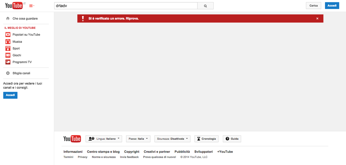 drtadv's tweet photo. Niente panico, Youtube è in crash. #youtubedown http://t.co/Wsw6l3eYPj