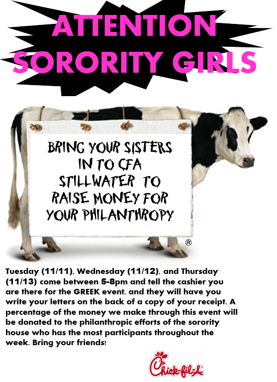 CFAStillwater's tweet photo. SORORITY GIRLS! LISTEN UP! This week you have a chance to earn money for your house's philanthropy! Check it out http://t.co/W6r7dWLFPd