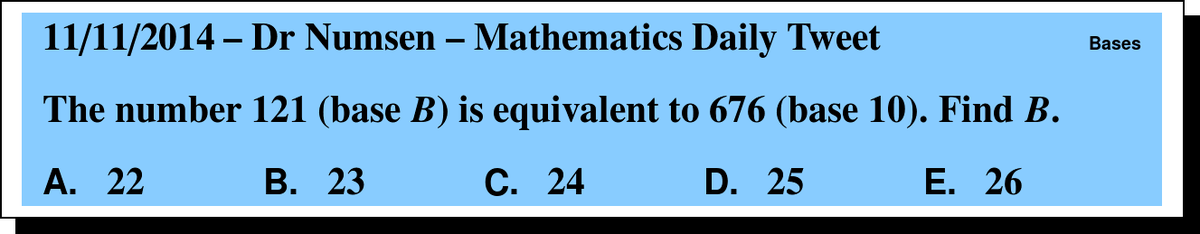 DrNumsenMath's tweet photo. Did you know that 121 in any base is a perfect square?  Can you prove that? #UILMath http://t.co/R3JeEvr8CC