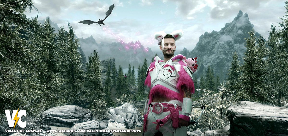 _andyvalentine's tweet photo. @Bethblog @hellokitty Skyrim's 3rd birthday AND #HelloKitty40th, so here's my Dovahkitty Cosplay, celebrating both http://t.co/KGC1R5dCLE