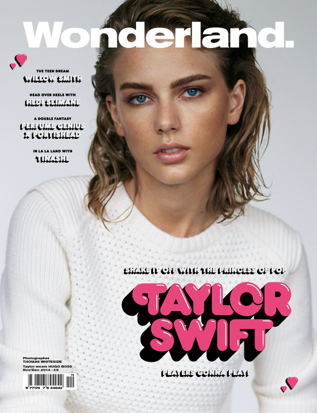 MTVUK's tweet photo. .@taylorswift13 models @Caradelevingne's eyebrows on the cover of @wonderlandmag: http://t.co/AU5soBFLWh http://t.co/vnMLKqIfy2