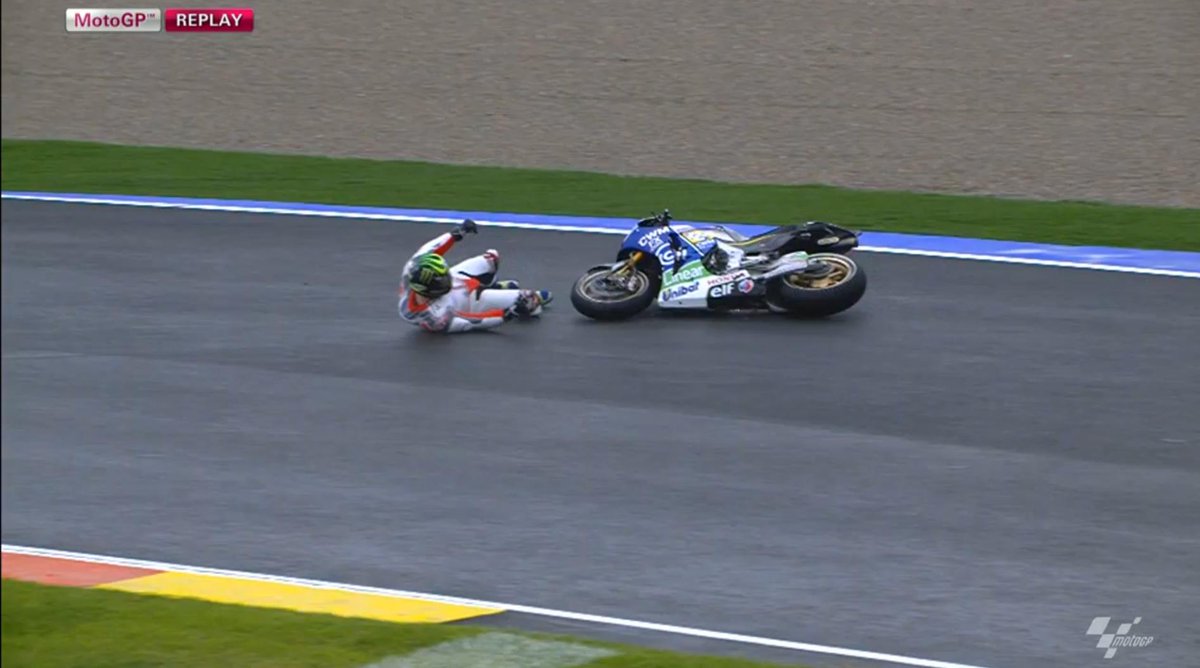 MotoGP's tweet photo. #ValenciaTest - @calcrutchlow suffers a crash and is returning to the pits. #MotoGP http://t.co/yvOwnjH2ed
