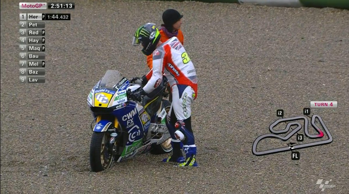 MotoGP's tweet photo. #ValenciaTest - @calcrutchlow suffers a crash and is returning to the pits. #MotoGP http://t.co/yvOwnjH2ed