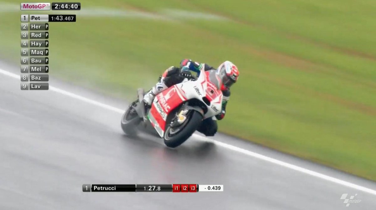 MotoGP's tweet photo. #ValenciaTest - @Petrux9 is flying in the rain as he sets new best time. First rider to drop into the 1'43s. #MotoGP http://t.co/HMj3WFxMWz