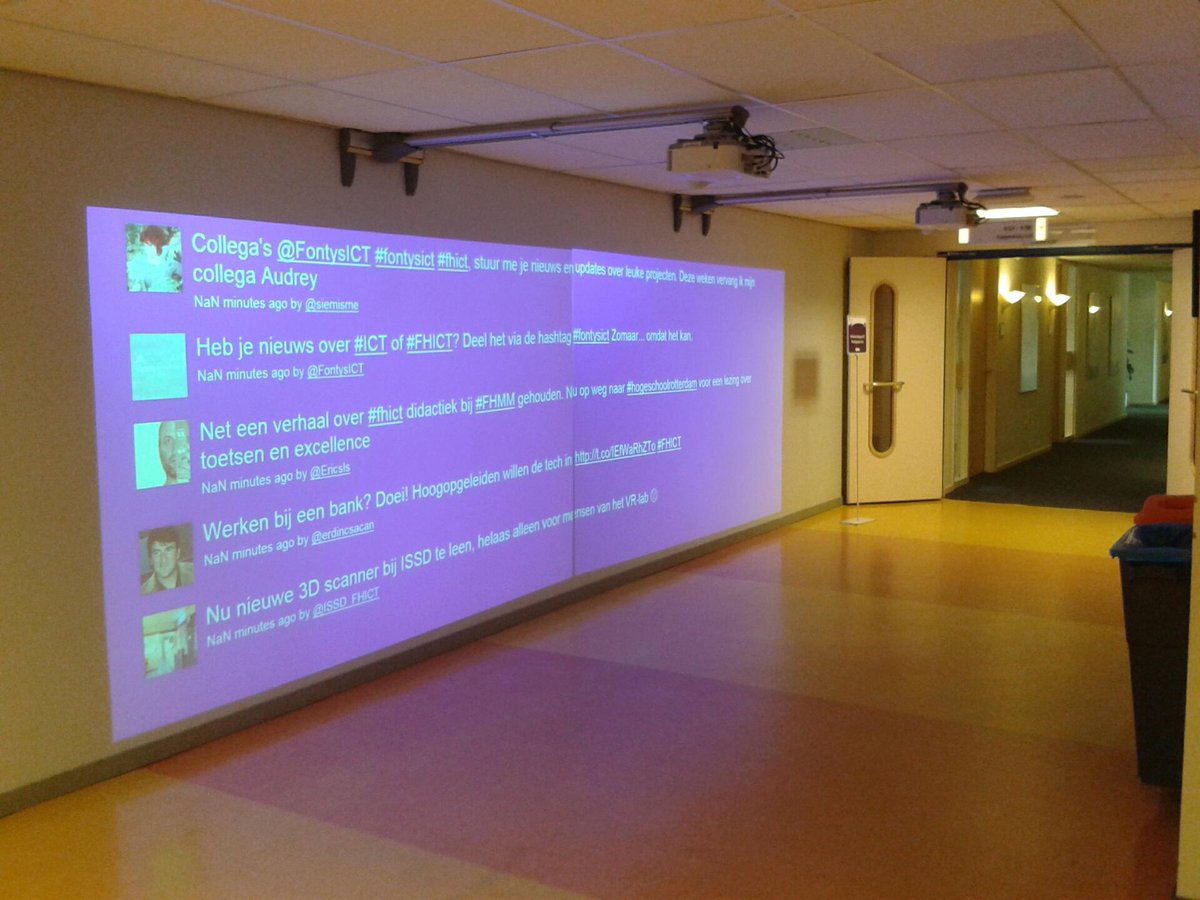 SoolsNL's tweet photo. @dkeeghan Photos of #tweetviz at big wall in hallway of #FontysICT. Tweets still show 'NaN minutes' despite your fix. http://t.co/yuz3aakAP2