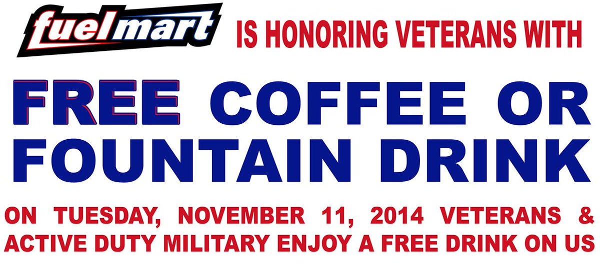 PortsPetroleum's tweet photo. Happy Veterans Day! We're saying thank you and offering veterans free coffee or fountain drinks at Fuel Mart! http://t.co/Mepc9Mwnd8