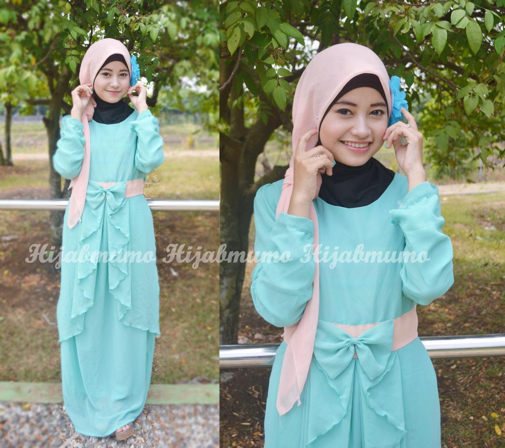 hijabmumo's tweet photo. Ribbon dress, tosca 125rb. Fit L. Bahan sifon, karet blkg. 085694057464(sms/wa) http://t.co/5fpijkonaM