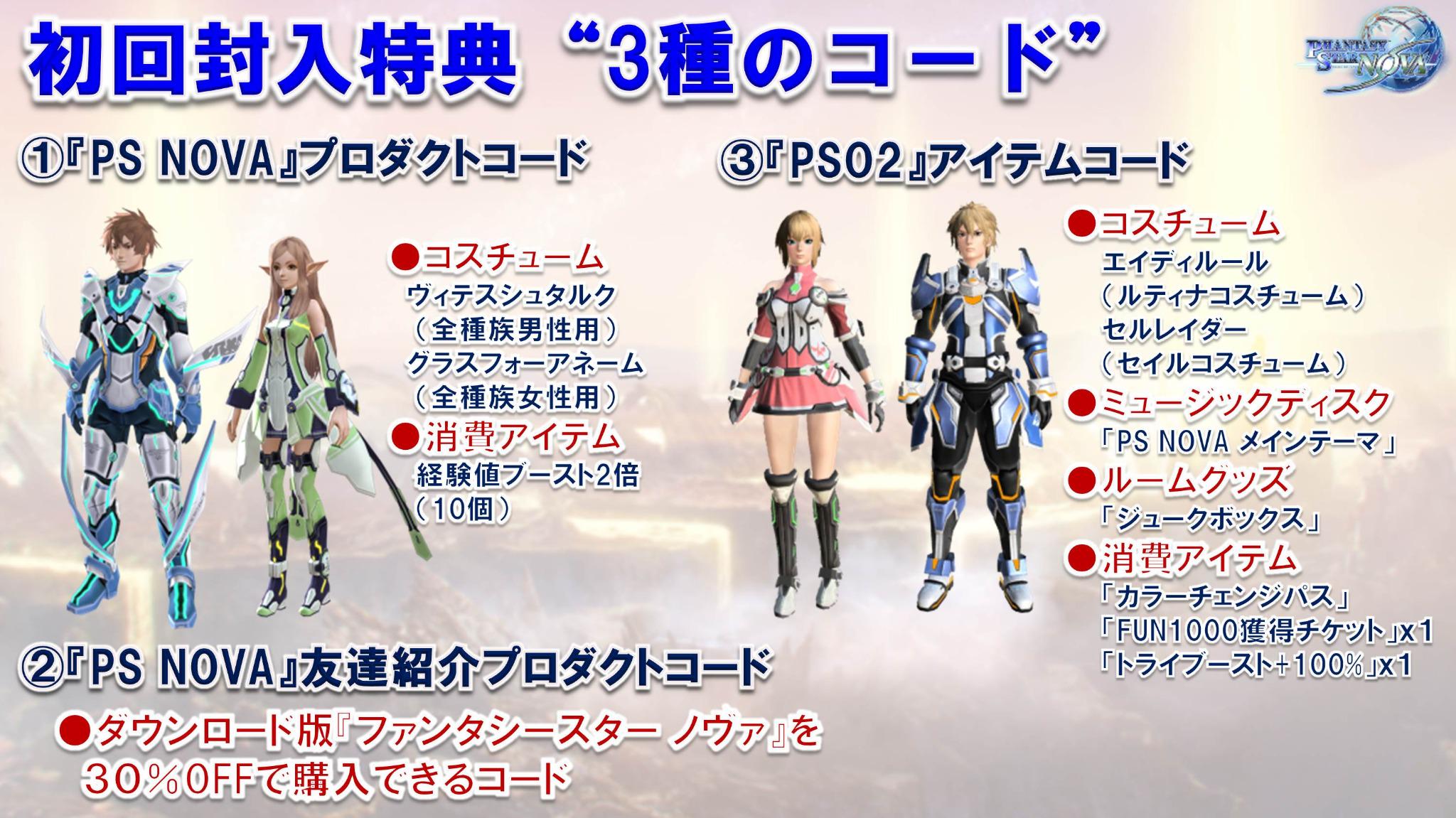 ラピ子 二代目 على تويتر ファンタシースター ノヴァ 初回封入特典は3種のコードです Ps Nova 用のコス 友達紹介コード Dl版が30 Offで購入可能です Pso2 アイテムコード になります Psnova Http T Co Rvjcvm9xip ラピ子 二代目 على تويتر ファンタシースター ノヴァ 初回封入特典は3種のコードです Ps Nova 用のコス 友達紹介コード Dl版が30 Offで購入可能です Pso2 アイテムコード になります Psnova Http T Co Rvjcvm9xip