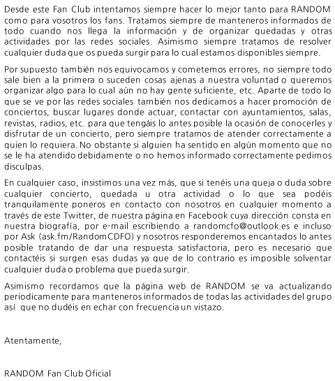 RandomFanClub's tweet image. COMUNICADO ESPECIAL. RT por favor. Gracias!