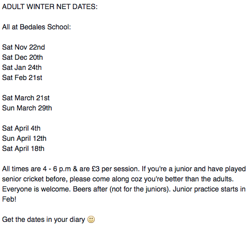 SteepCricket's tweet photo. Check out this picture for our winter nets dates. Junior nets will be starting in Feb! Please RT! #SteepCC #Cricket http://t.co/SEVhyWFAIc