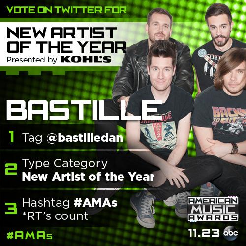 AMAs's tweet photo. RT to vote @bastilledan for #AMAs New Artist of the Year via Twitter. (Presented by @Kohls) http://t.co/5wsetW7tcM