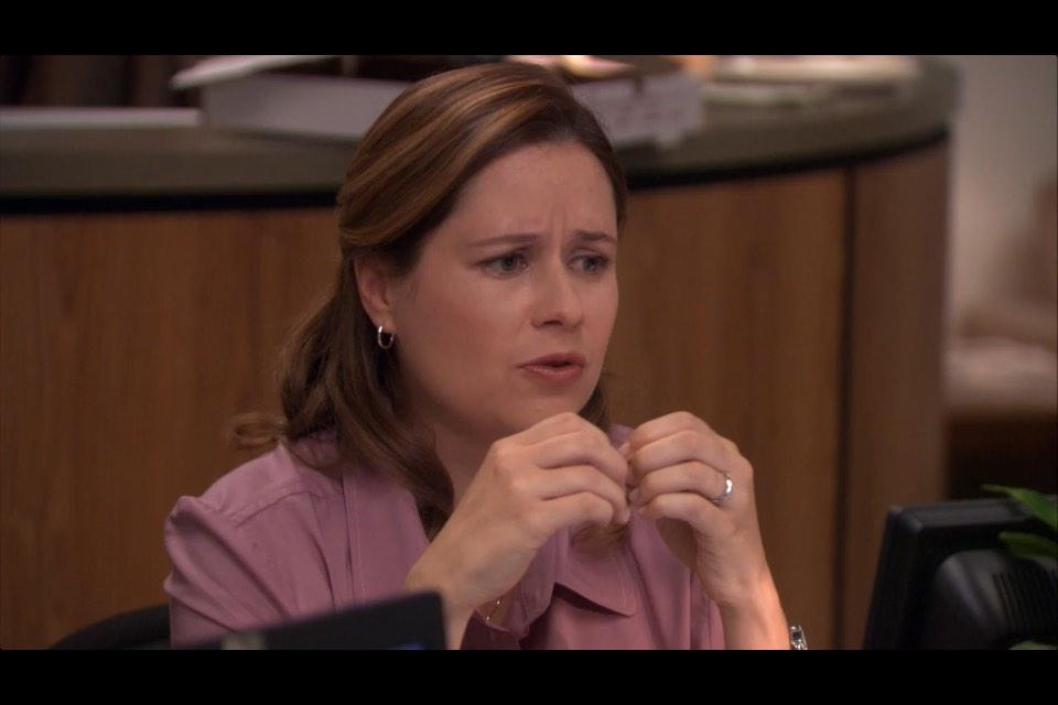 TheOffice__'s tweet photo. Pam: "People would be like 'who's that receptionist? I like her' now I'm just a fat mum" 

Andy: "Chins up Pam" 😂 http://t.co/5dVSqDoHRc