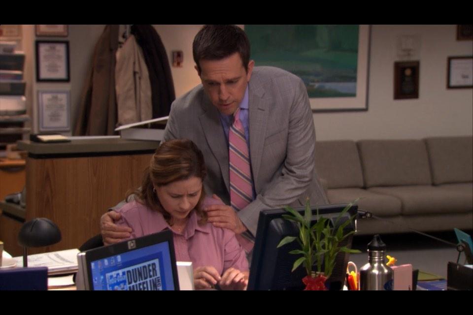 TheOffice__'s tweet photo. Pam: "People would be like 'who's that receptionist? I like her' now I'm just a fat mum" 

Andy: "Chins up Pam" 😂 http://t.co/5dVSqDoHRc