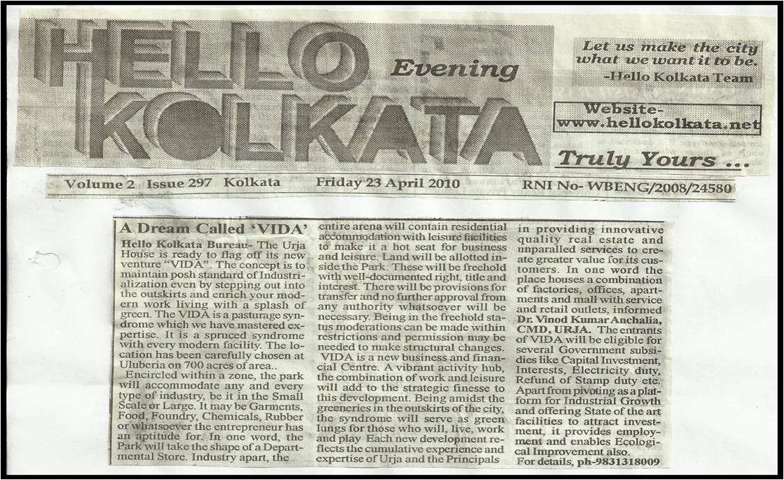 UrjaGroup's tweet photo. Urja Group's project -' VIDA' making an appearance in 'Hello Kolkata' http://t.co/K7CAzVRGIP