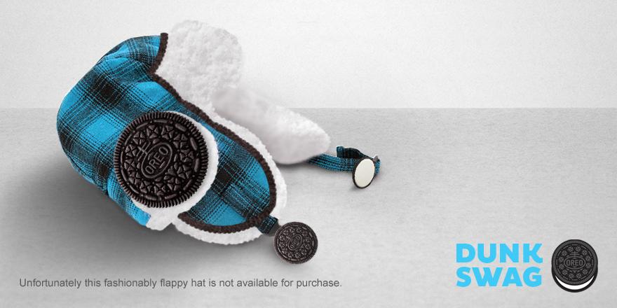 Oreo's tweet photo. We know you’ve been talking about us, our ears are burning. Oh… that’s just the flappy hat. #DunkSwag http://t.co/kGUaJLfQGI