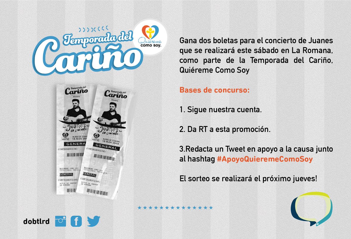 dobtlrd's tweet photo. ¿Quieres asistir al concierto de @juanes este sábado? Gana dos boletas con #Dobtl #ApoyoQuieremeComoSoy http://t.co/3DCaZB4ZSg