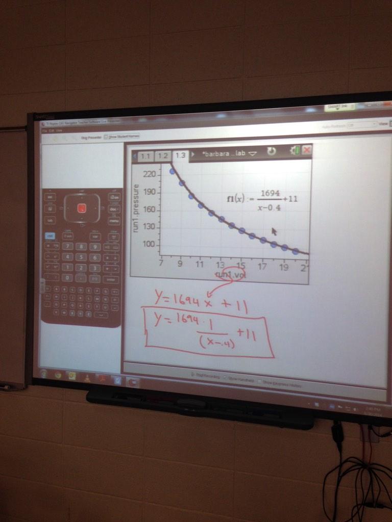 AP chemistry students investigate Boyle's law and model data using Nspire CX, pressure sensor and Nspire Navigator.