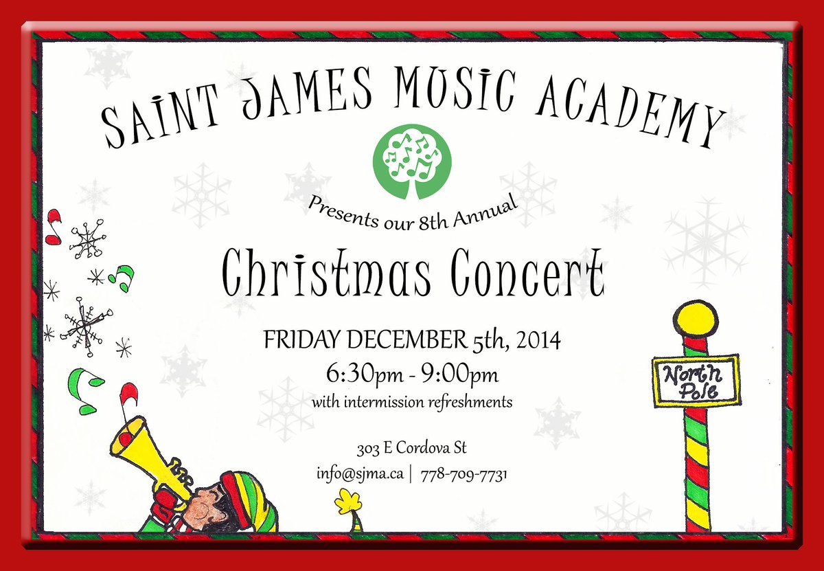 Our Christmas concert returns Dec 5th.  Come and see the kids of SJMA 
showcase their talents. Admission by Donation.