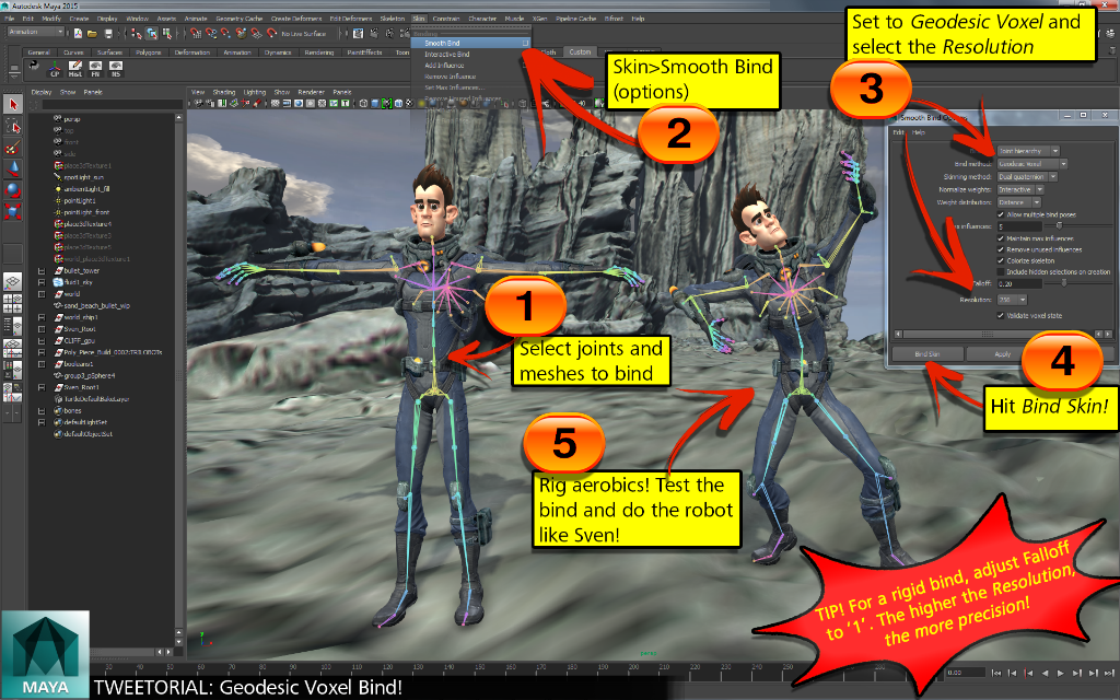 How do you use Geodesic Voxel Binding, you ask? Let us explain, in a 5-step #tweetorial! #Maya