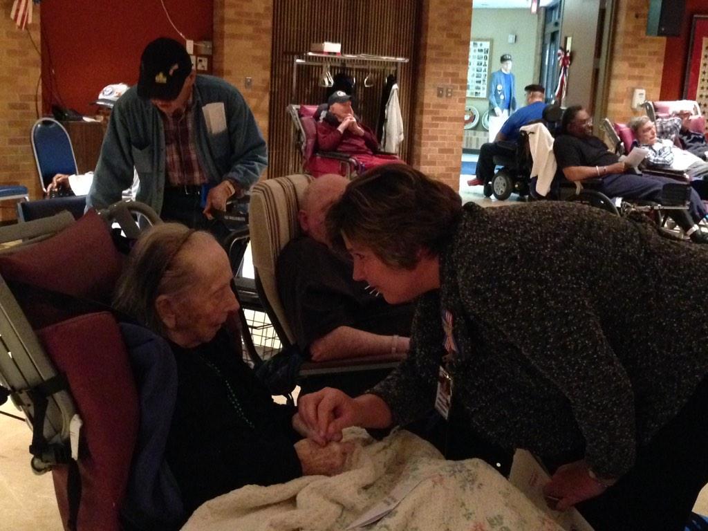 INVetsHome's tweet image. Superintendent Linda Sharp visits with residents after our Veterans Day program.
