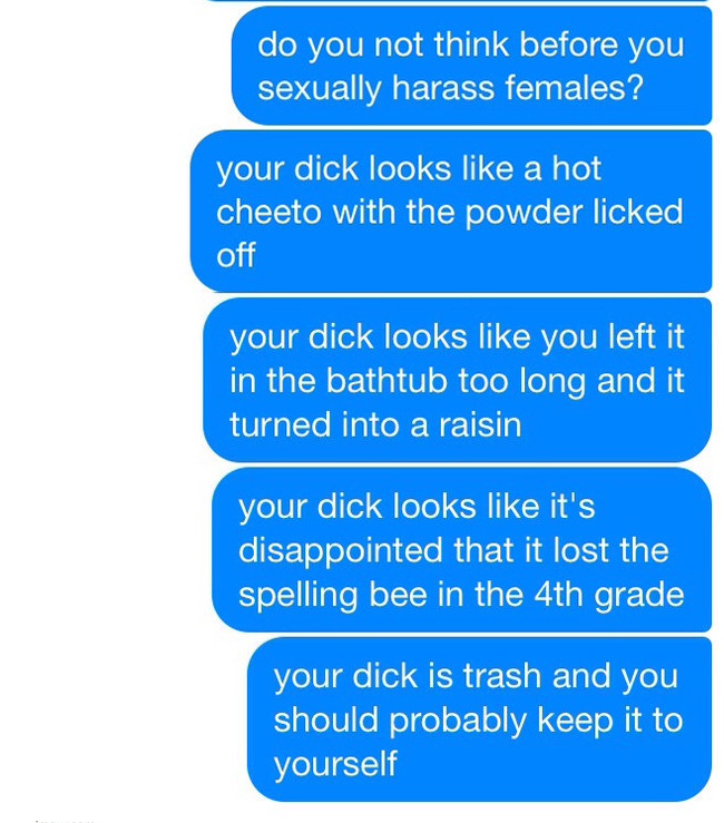 BuzzFeed's tweet photo. This is how you respond perfectly to an unsolicited dick pic
http://t.co/RibHDosPtc http://t.co/1wFxwGzu8F