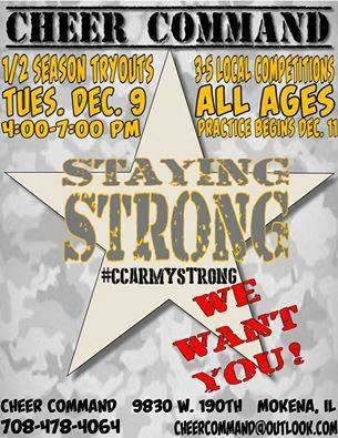CheerCommand's tweet photo. SAVE THE DATE: Half Season tryouts TUESDAY, DECEMBER 9!! #CheerCommand #Tryouts #JoinTheRanks #WeAreCCR http://t.co/G6PdZcY743