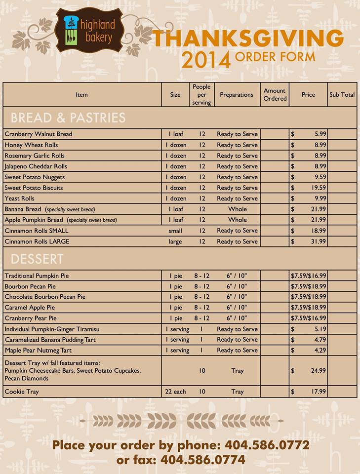 The Highland Bakery Thanksgiving Menu!! Take it easy this holiday and let us do the work for you! #happythanksgiving