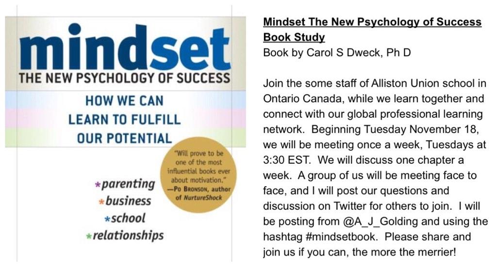 A_J_Golding's tweet photo. One week until our online book study begins!  Lots of time to get a copy and join along! #onted #edchat #mindsetbook http://t.co/uIASaZxajZ