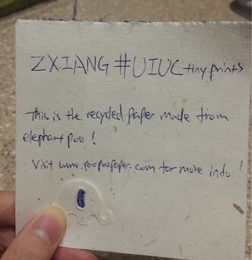 rebeccaxiang's tweet photo. #UIUCtinyprints ZXiang @allsup_IB105 Using recycled paper to save woods! http://t.co/sdgmWIuqom