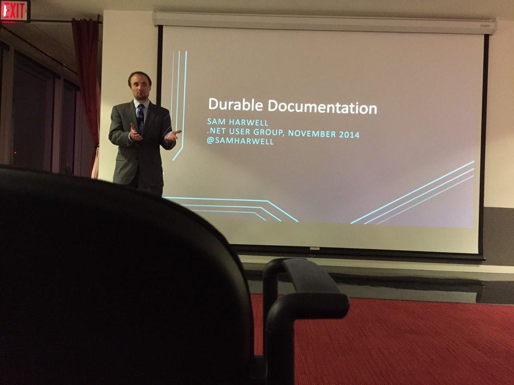 mstechguru's tweet image. @samharwell giving his Durable Documentation talk at the monthly San Antonio .NET Meetup.  #satnug
