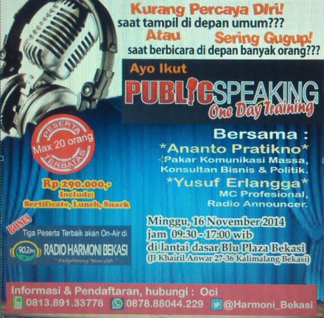 EventForBekasi's tweet photo. #EventBekasi RT @Harmoni_Bekasi: Sering gugup berbicara di depan org banyak?Ikuti One day training #publicspeaking http://t.co/bYxgdRBy0i