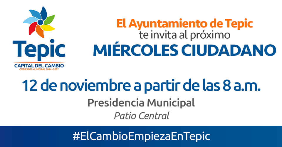 GobiernoTepic's tweet photo. Mañana es el #MiércolesCiudadano te esperamos en las instalaciones del Ayuntamiento de Tepic a partir de las 8am. http://t.co/iVpNJ1oSZ2