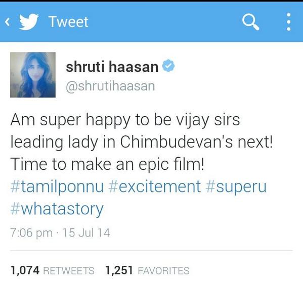 sarujanofficial's tweet photo. News from Shurthi Hassan @Vicky_VjMsd @sunkavijay @AllYGirL85 @ARMurugadoss @DianaHartsVJ #VIJAY58KicksOffInStyle http://t.co/ZiSiBN4LDY