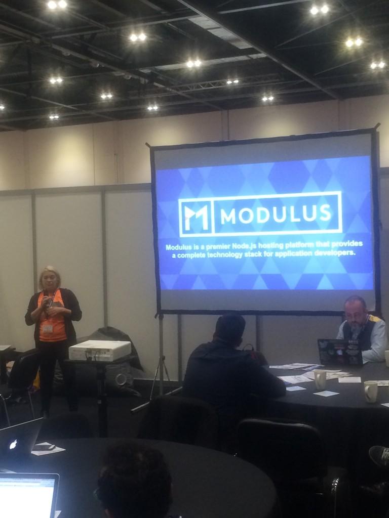 clinky's tweet photo. @Tzmanics tells @thehackfest contestants why coding in #nodejs &amp; #mongodb makes perfect sense @OnModulus #AppsWorld http://t.co/Oei8AJrmD7