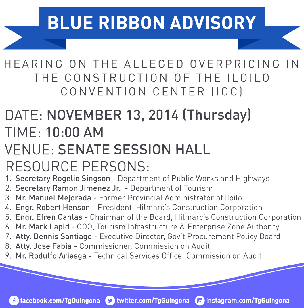 TgGuingona's tweet photo. [Staff] Blue Ribbon Advisory on the #ICCHearing tomorrow, November 13, 2014.
@senatePH http://t.co/WSP5HAWCHd