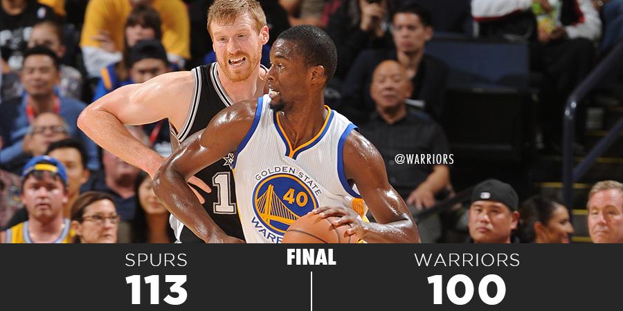 warriors's tweet photo. FINAL: @Spurs 113 - #Warriors 100 http://t.co/sxr9fvPE34