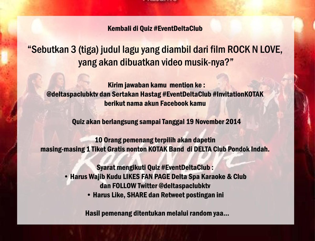 Quiz #EventDeltaClub Pondok Indah <a href="/kotakband_/">Official KOTAK</a> , kudu di retweet jg ya postingan ini :) <a href="/KKotak_Sejati07/">ENERGI KOTAK</a> <a href="/KK_Indonesia/">KERABAT INDONESIA</a>